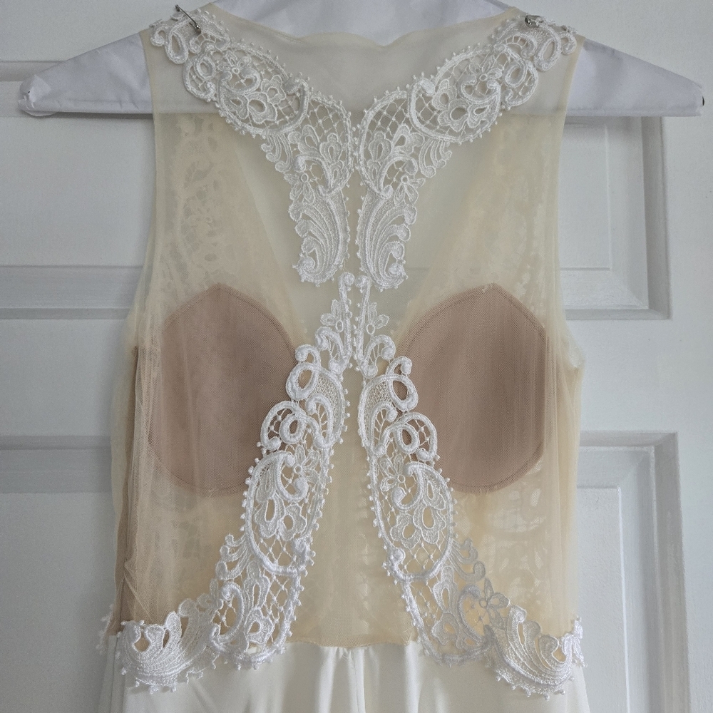 Tara Keely lace applique sheer ivory chiffon flowy wedding dress sz Small 2/4 - Picture 6 of 16